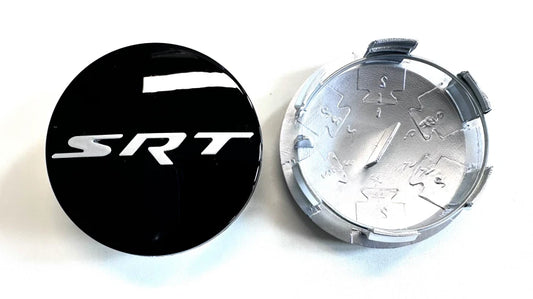 4x GLOSS BLACK/SILVER SRT CENTRE WHEEL RIM CAP COVERS